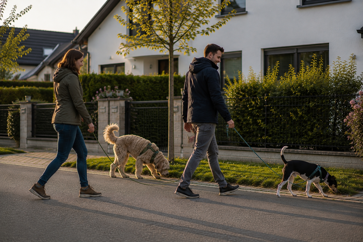 Zwei Mensch-Hund-Teams im Wohngebiet