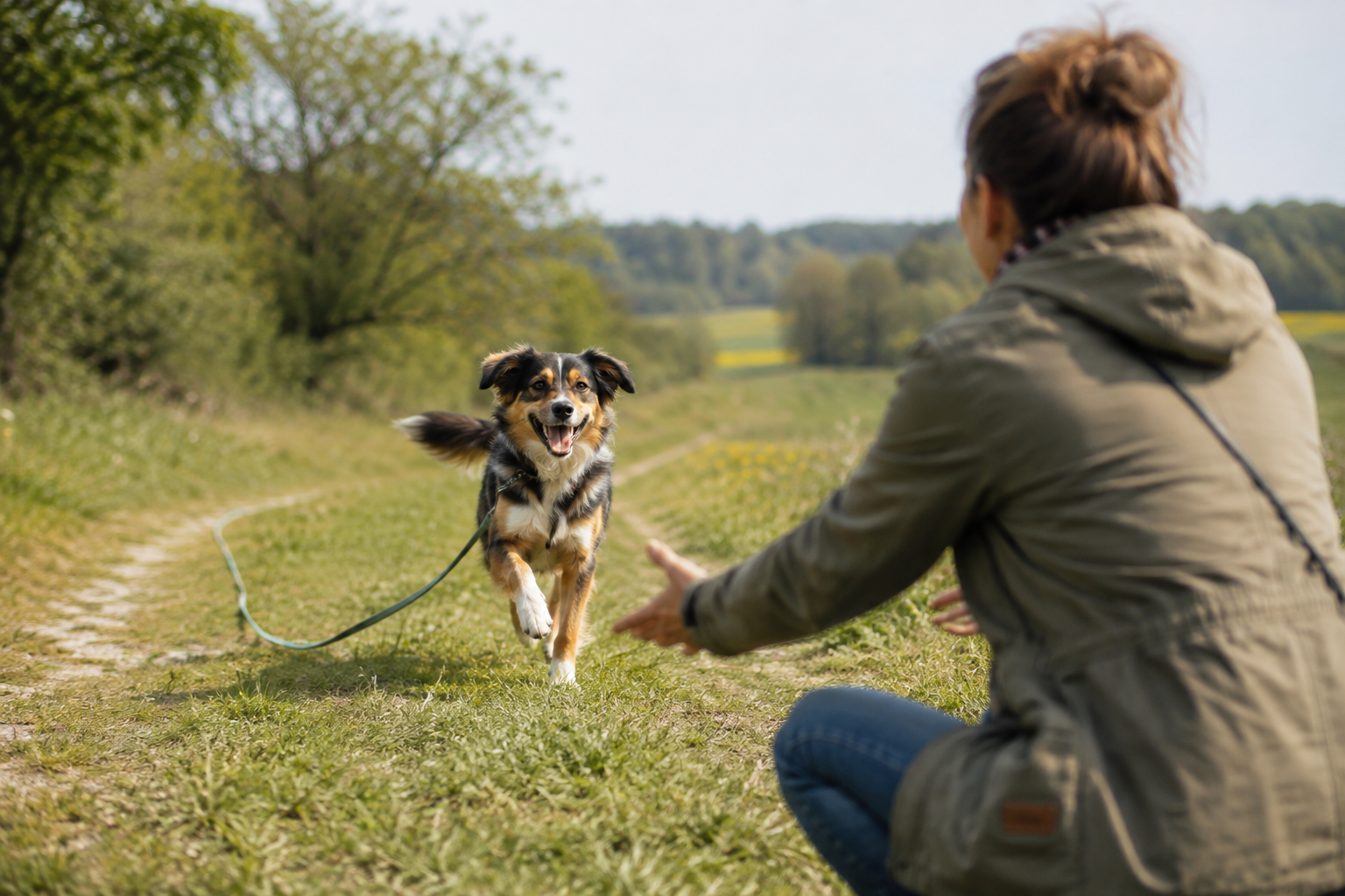 Hund rennt zum Menschen