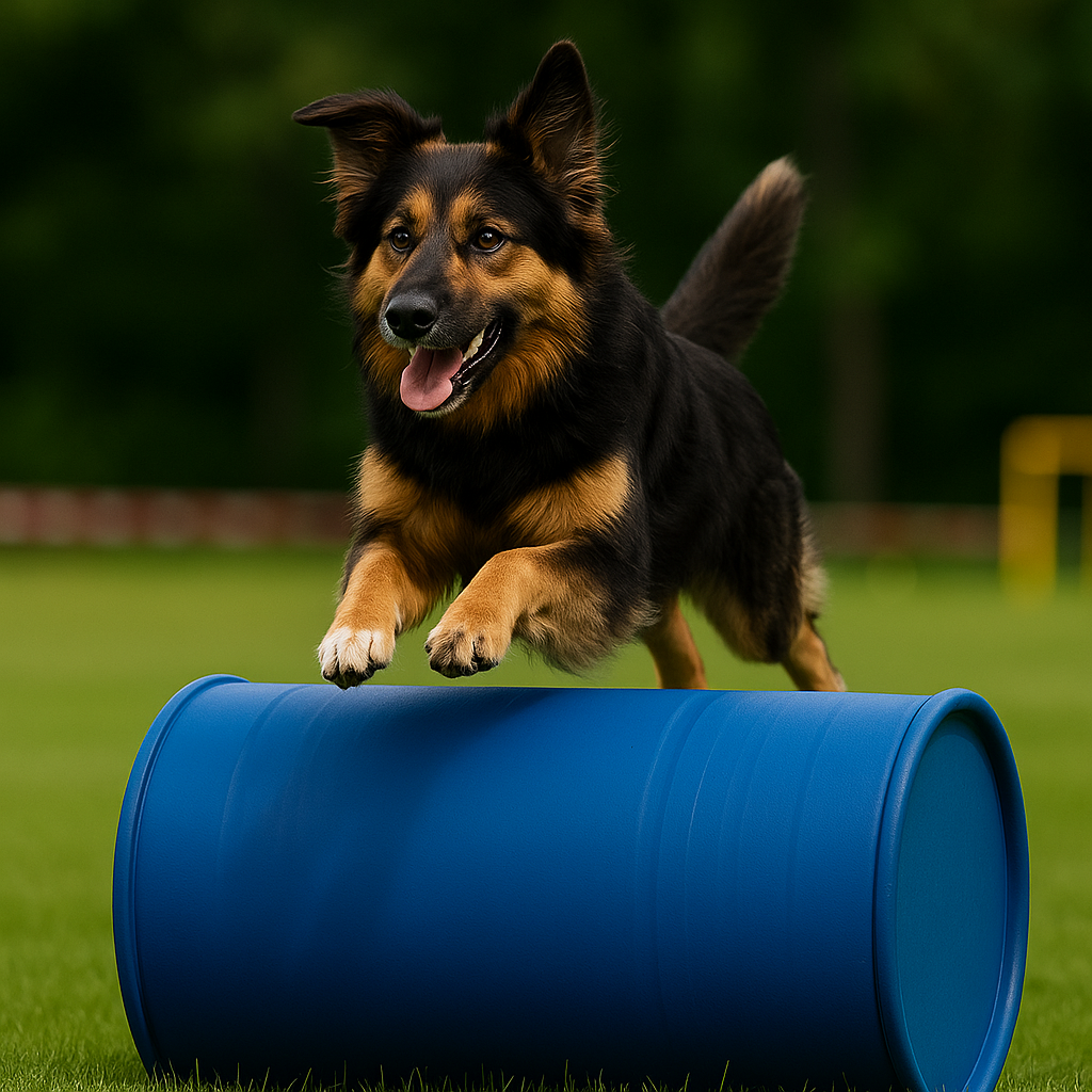 Hund im Sprung über Hindernis