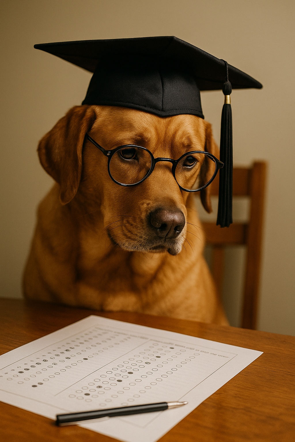 Hund mit Doktorhut und Brille bei einer Prüfung