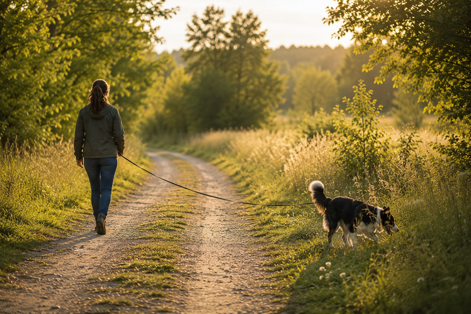 Frau und Hund gehen entspannt gemeinsam an langer Leine durch die Natur