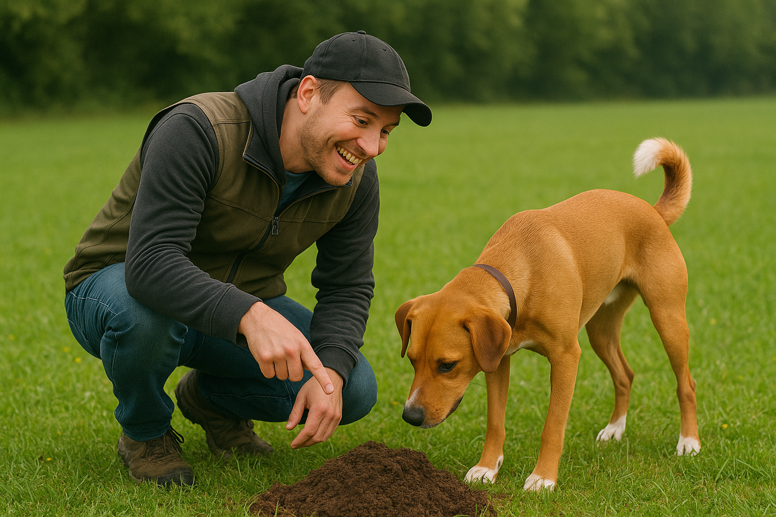 Hund und Halter am Maulwurshügel