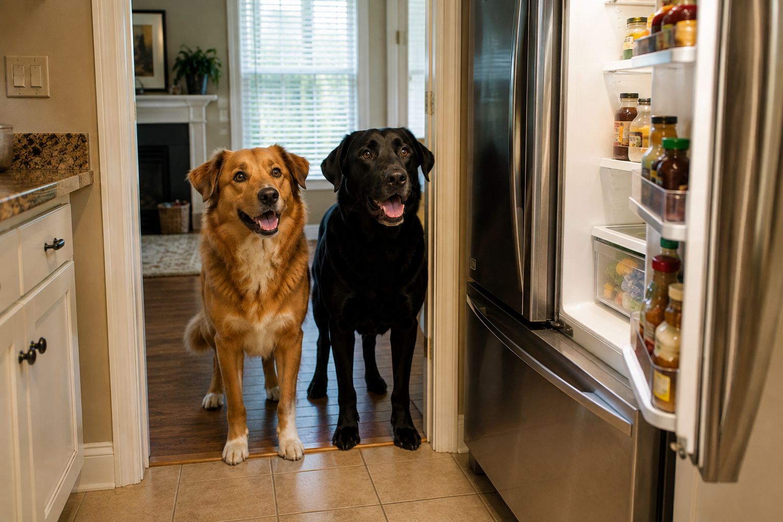 2 Hunde stehen am Kühlschrank